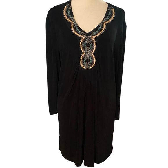 Chico's Travelers Beaded Embellished Slinky Knit Tunic Top Size L Black Flowy - Picture 4 of 13
